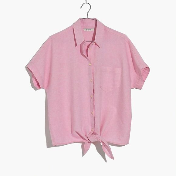 EUC Women's Madewell Tie Front Waist Button Front Top Blouse Shirt Pink MEDIUM - Picture 1 of 6